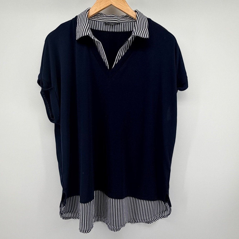 Adrianna Papell Mixed Media Top Navy Striped Collar Blouse Women XL Short Sleeve